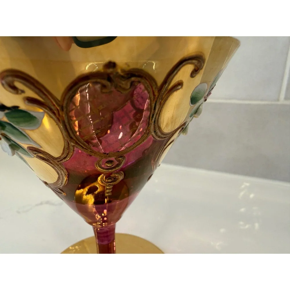 Vtg Murano Cranberry Glass‎ Gold 3D Enamel Floral Martini Goblet Venetian Glass